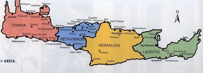 Mapa de cidades e regiões em Creta