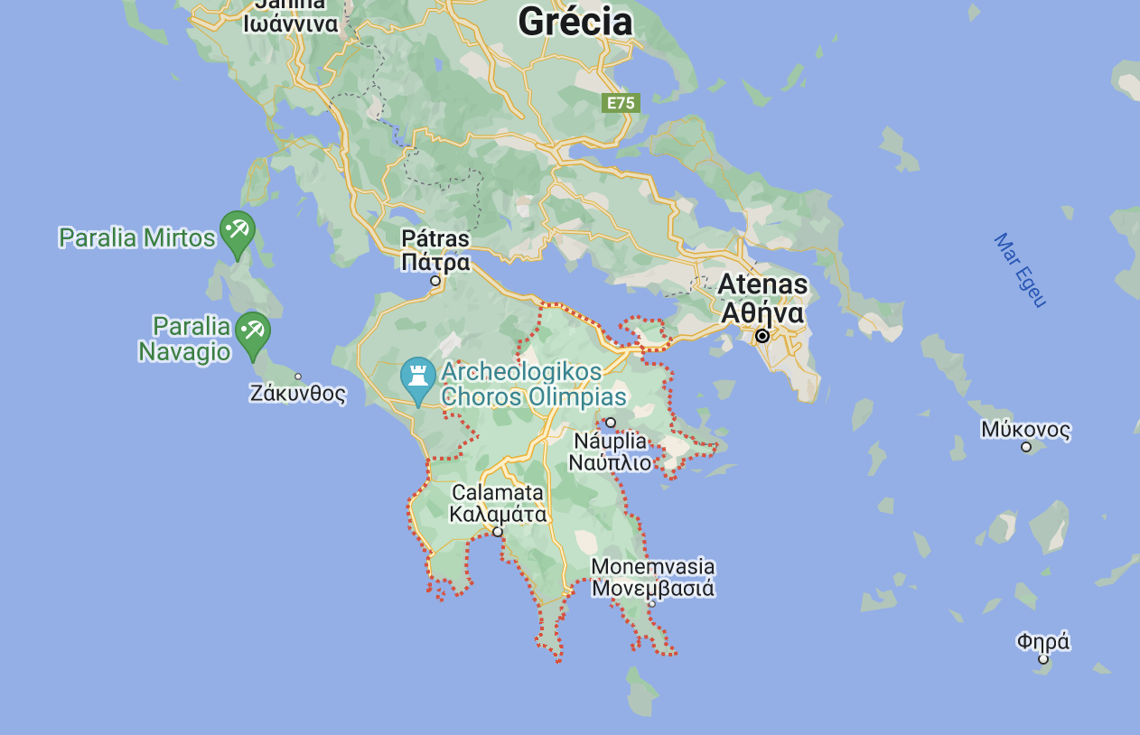 Mapa do Peloponeso na Grécia